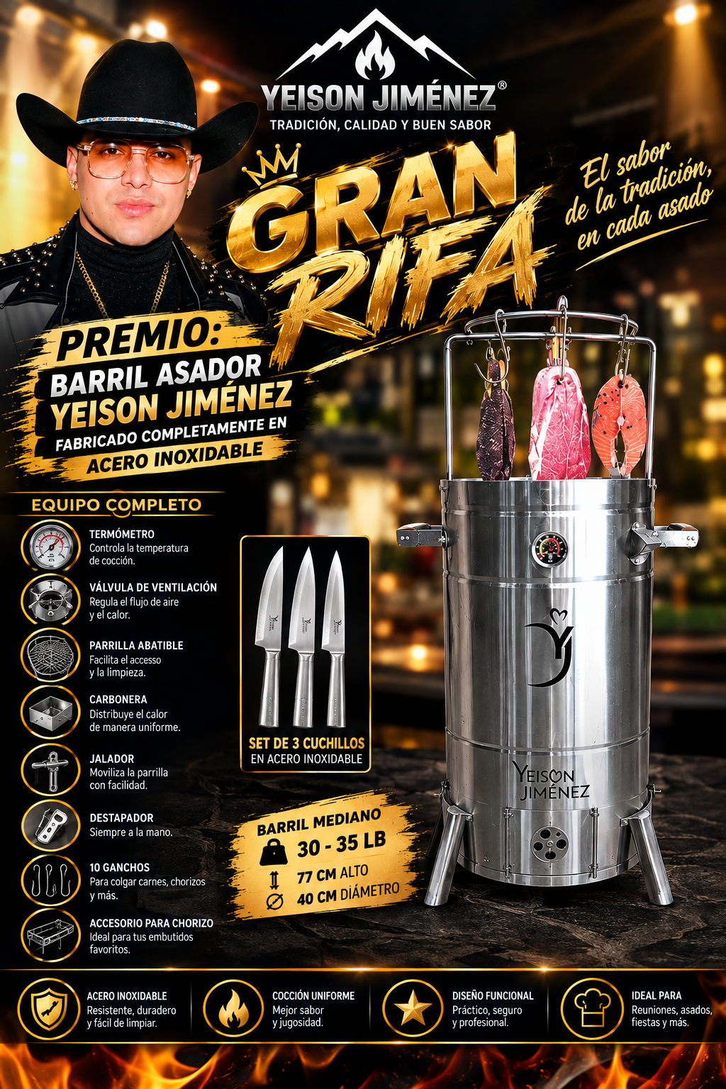 Barril Asador Yeison Jiménez + set de cuchillos